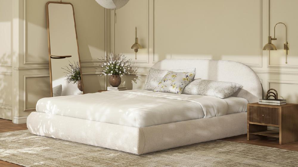 Jennifer Taylor Home Archie Puffy Grounded Upholstered Platform Bed King Almond White