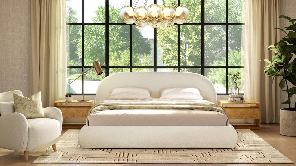 Jennifer Taylor Home Archie Puffy Grounded Upholstered Platform Bed King Almond White