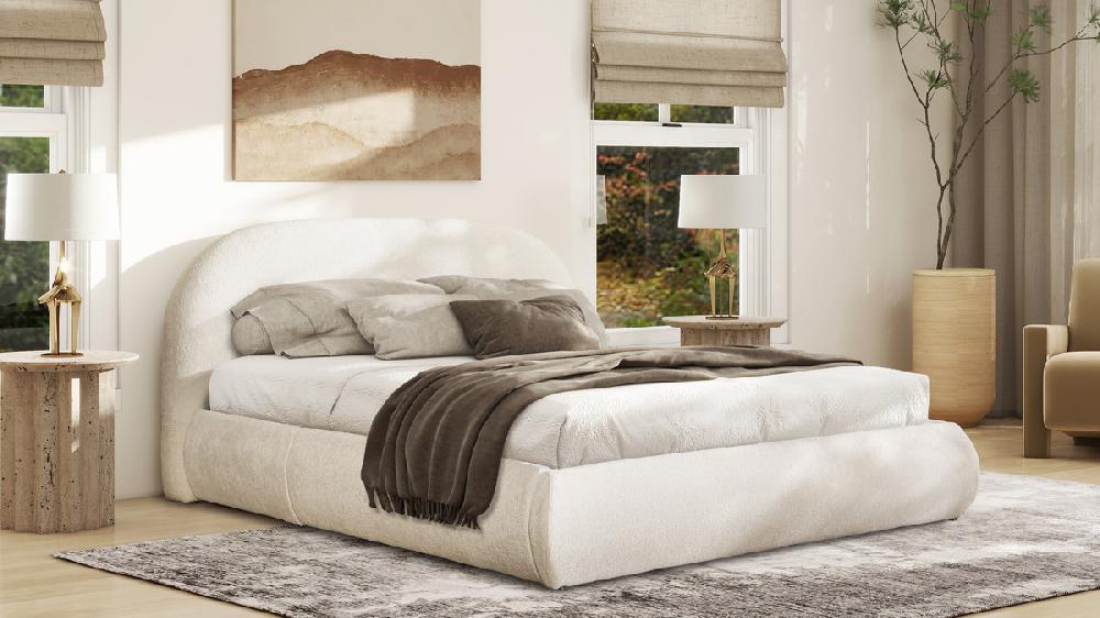 Jennifer Taylor Home Archie Puffy Grounded Upholstered Platform Bed Queen Almond White