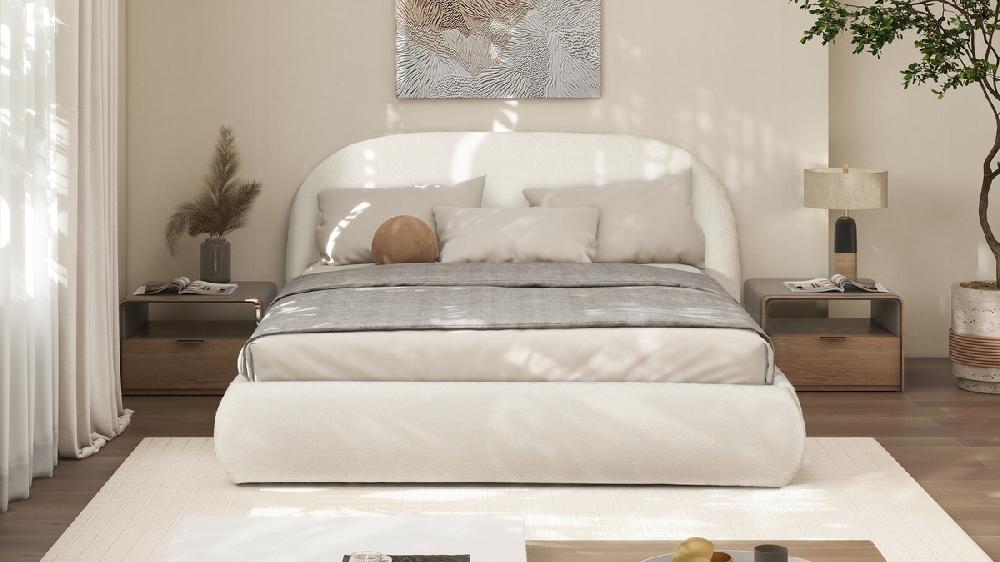 Jennifer Taylor Home Archie Puffy Grounded Upholstered Platform Bed Queen Almond White