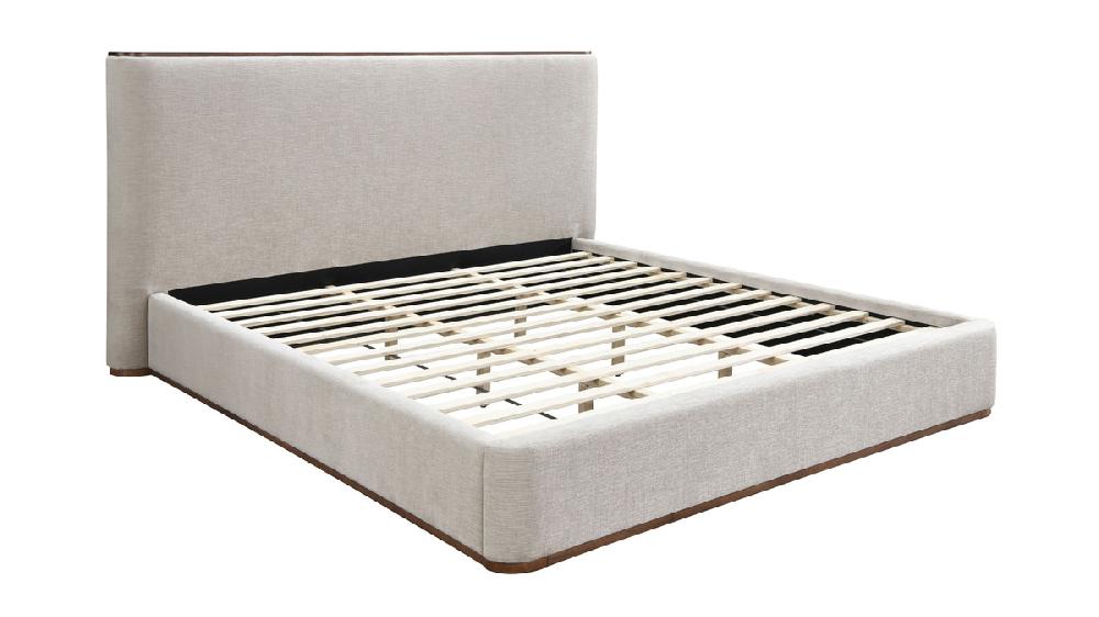 jennifer taylor home Arlen Upholstered Platform Bed with Curved Corner Headboard and Wood Trim Queen Gray