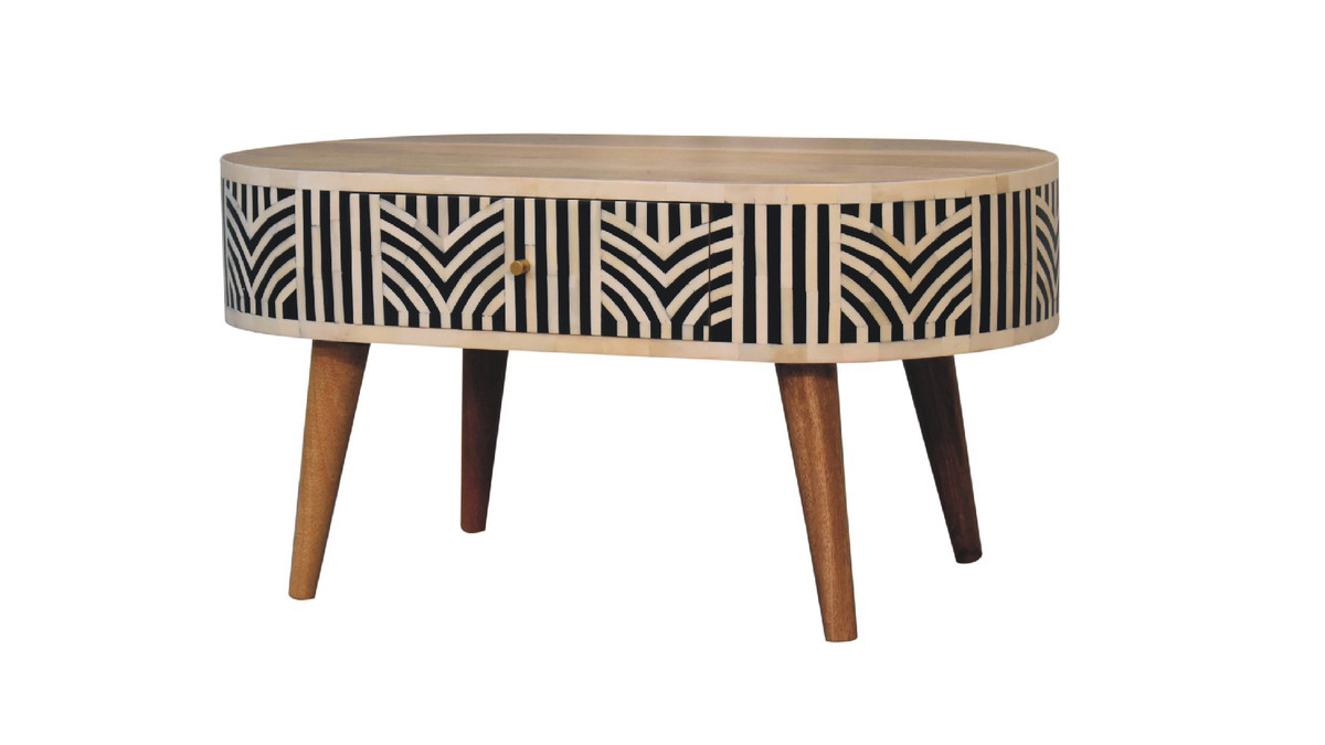 Jennifer Taylor Home Arlo 31.5" Oval Bone Inlay Coffee Table With Splayed Wood Legs And 2 Drawers