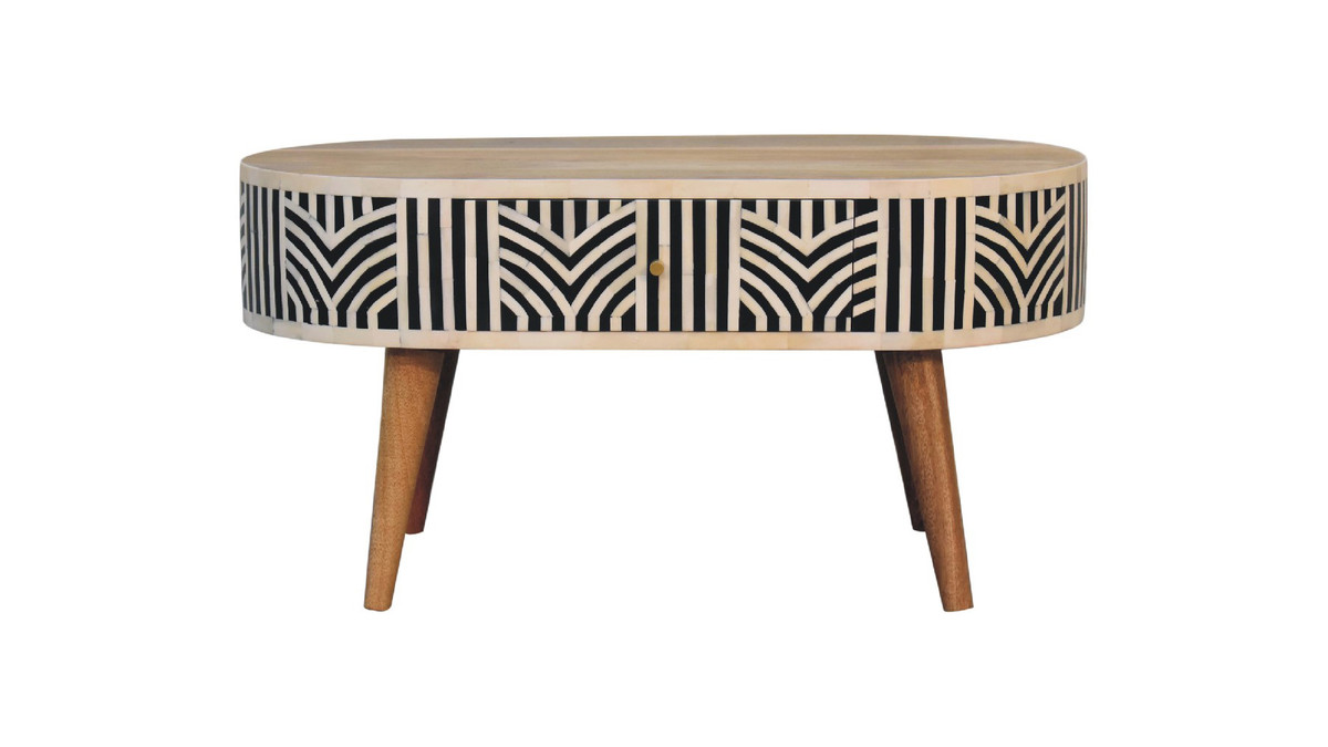 jennifer taylor home Arlo 31.5" Oval Bone Inlay Coffee Table with Splayed Wood Legs and 2 Drawers