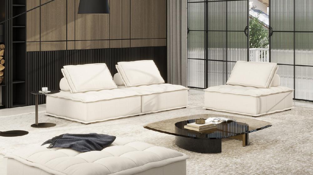Jennifer Taylor Home Arwen 126" 3-Piece Modular Pillow-Back Lounge Sofa White Beige