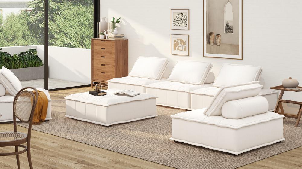 Jennifer Taylor Home Arwen 168" 4-Piece Modular Pillow-Back Lounge Sectional Sofa White Beige
