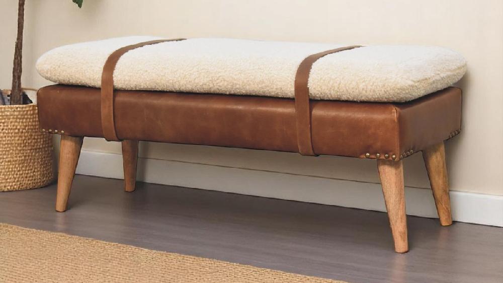 Jennifer Taylor Home Asher 35.4" Mid-Century Bench With Cotton Bouclé Cushion & Genuine Buffalo Leather Base Brown
