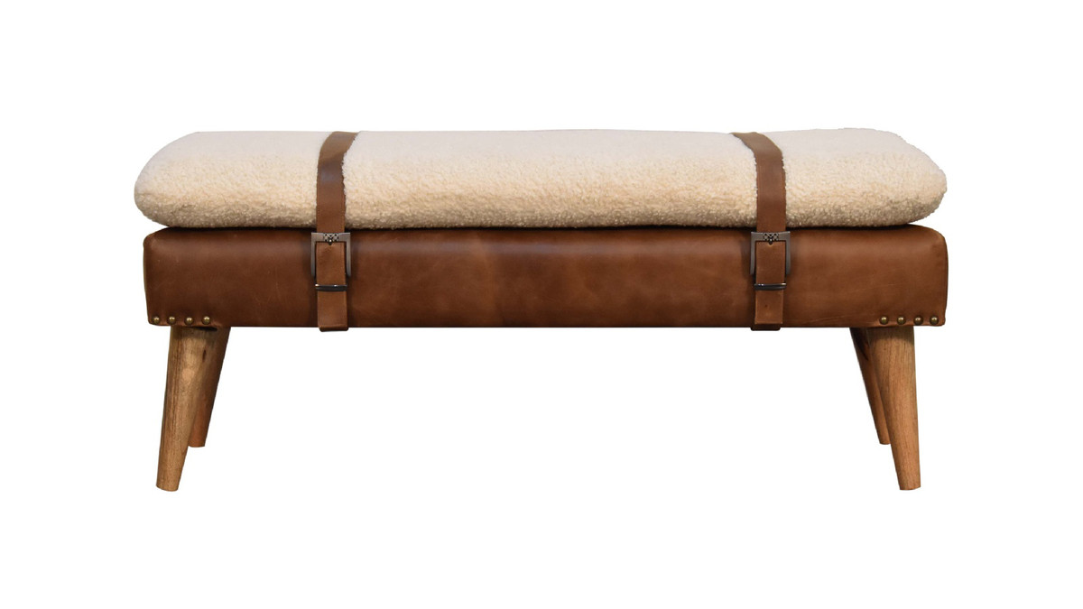 Jennifer Taylor Home Asher 35.4" Mid-Century Bench With Cotton Bouclé Cushion & Genuine Buffalo Leather Base Brown