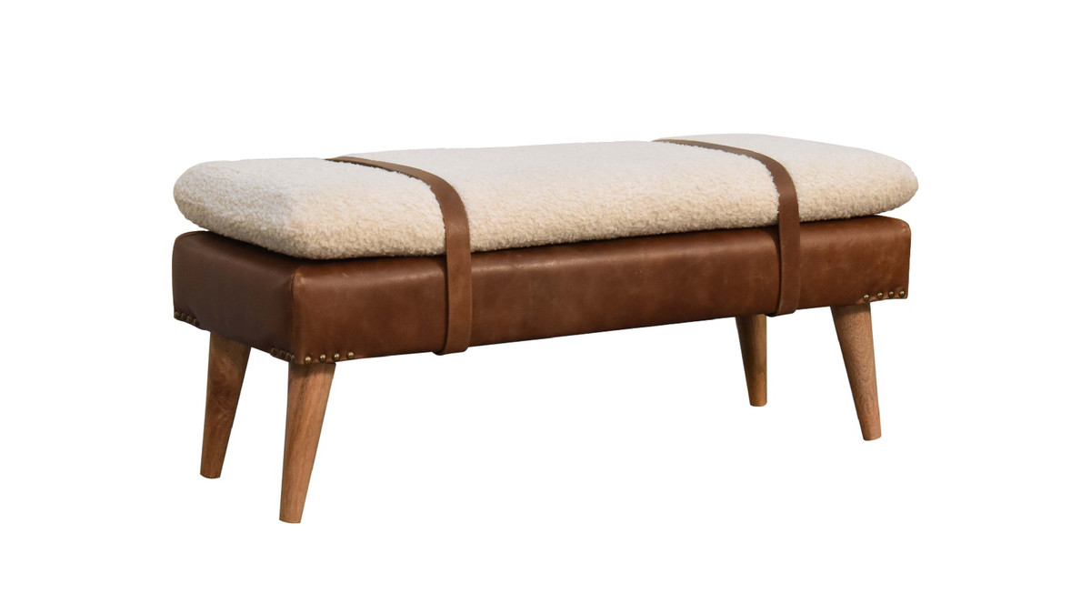 Jennifer Taylor Home Asher 35.4" Mid-Century Bench With Cotton Bouclé Cushion & Genuine Buffalo Leather Base Brown