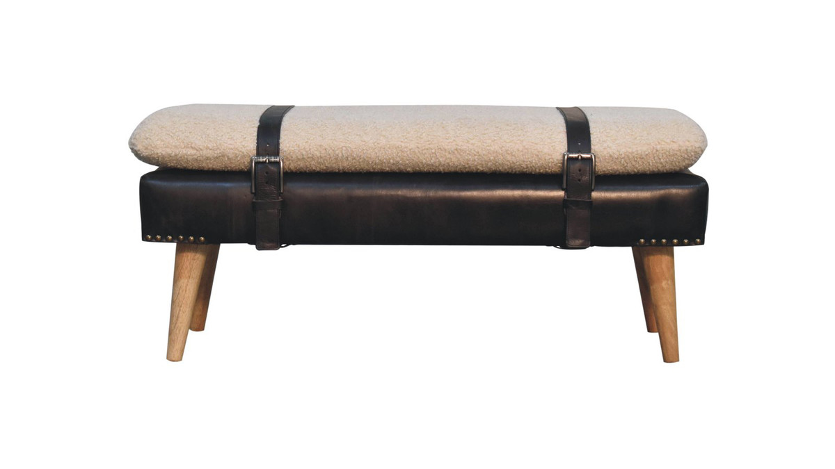 Jennifer Taylor Home Asher 35.4" Mid-Century Bench With Cotton Bouclé Cushion & Genuine Buffalo Leather Base Black