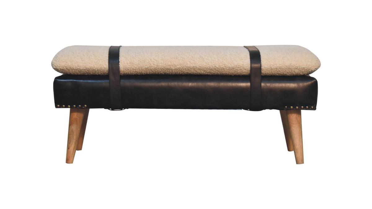 Jennifer Taylor Home Asher 35.4" Mid-Century Bench With Cotton Bouclé Cushion & Genuine Buffalo Leather Base Black