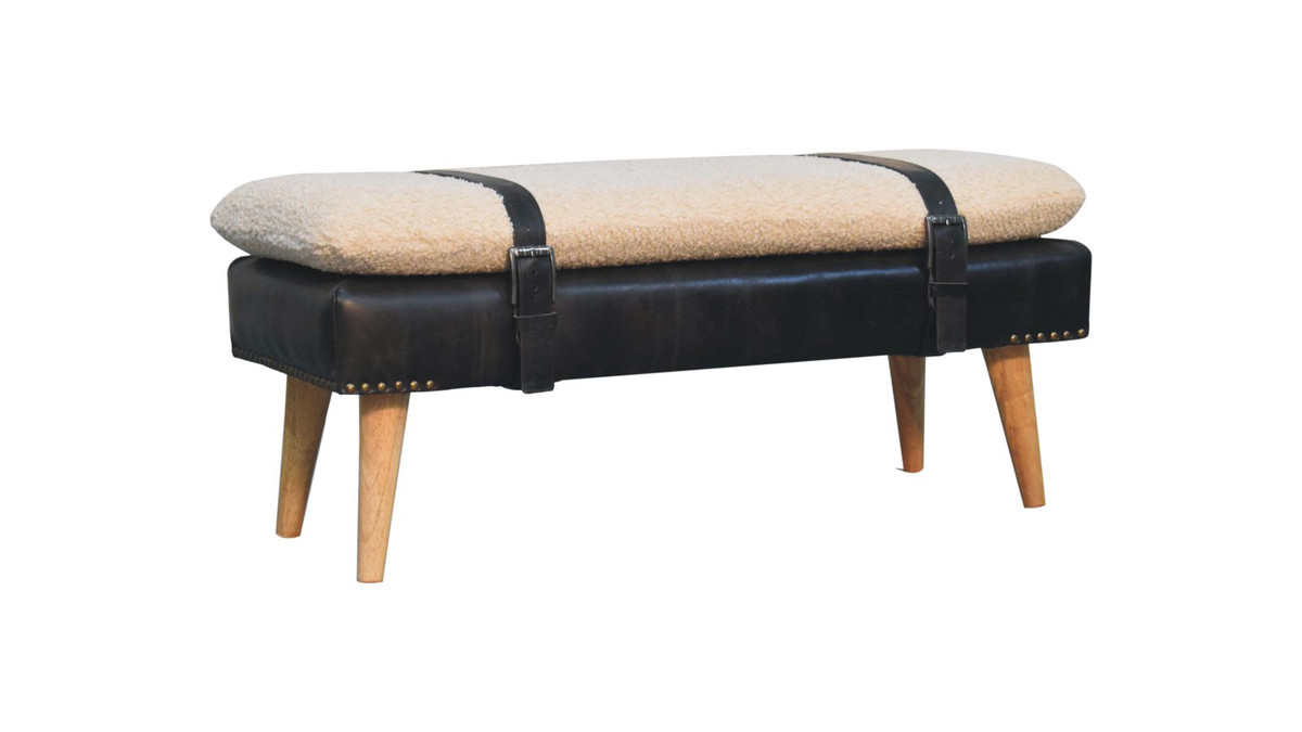 Jennifer Taylor Home Asher 35.4" Mid-Century Bench With Cotton Bouclé Cushion & Genuine Buffalo Leather Base Black