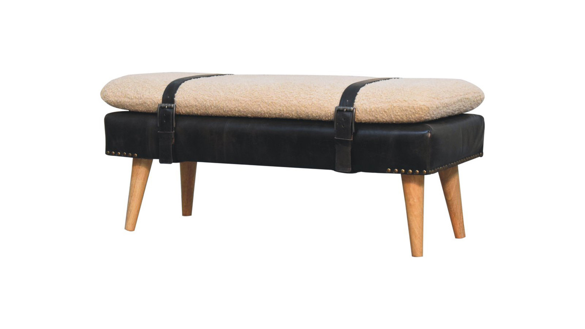 jennifer taylor home Asher 35.4" Mid-Century Bench with Cotton Bouclé Cushion & Genuine Buffalo Leather Base Black