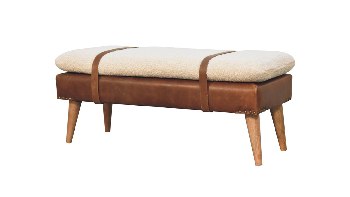 jennifer taylor home Asher 35.4" Mid-Century Bench with Cotton Bouclé Cushion & Genuine Buffalo Leather Base Brown