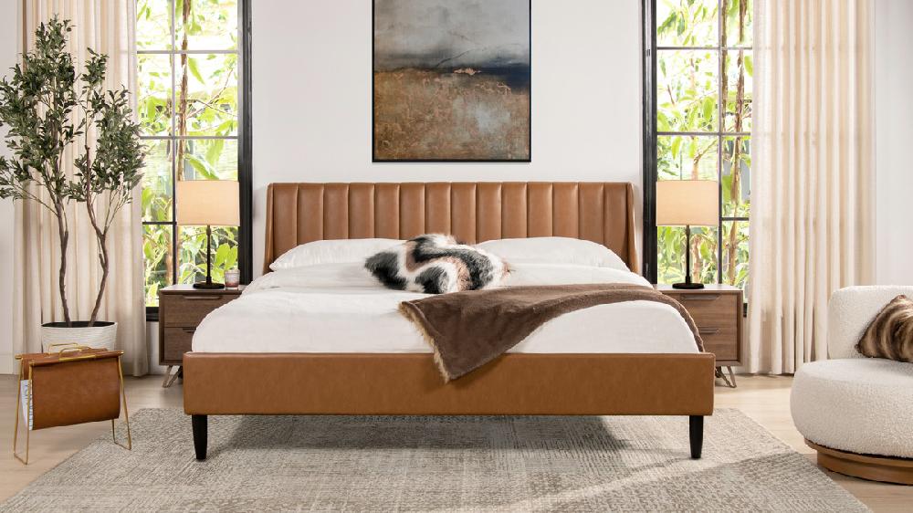 Jennifer Taylor Home Aspen Vertical Tufted Headboard Platform Bed Set King Caramel Tan Brown