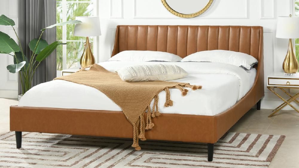 Jennifer Taylor Home Aspen Vertical Tufted Headboard Platform Bed Set King Caramel Tan Brown