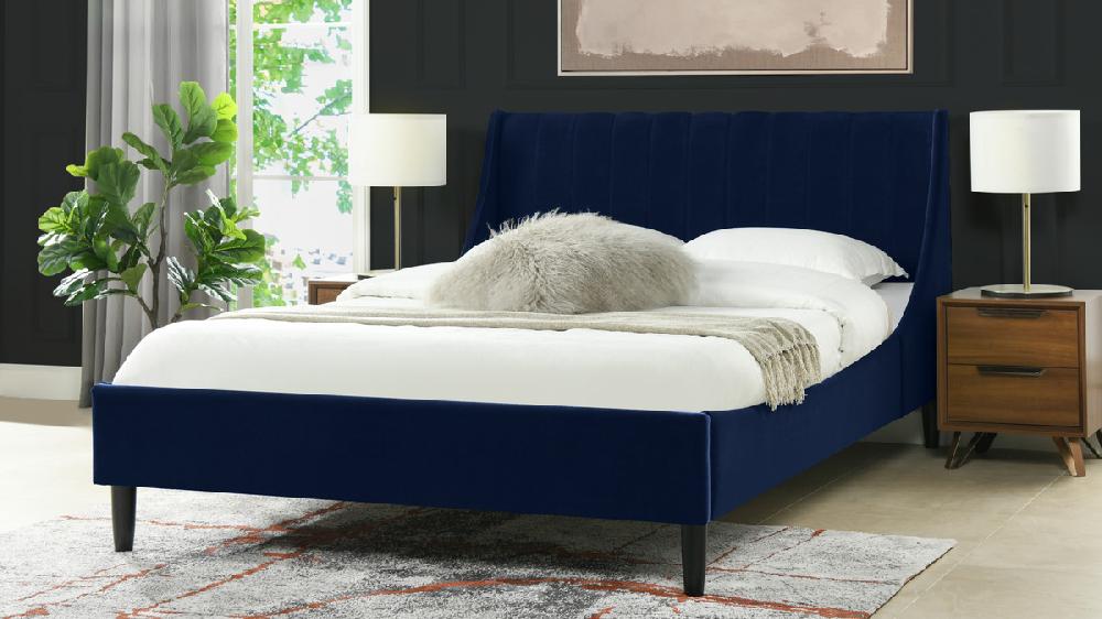 Jennifer Taylor Home Aspen Vertical Tufted Headboard Platform Bed Set Queen Navy Blue