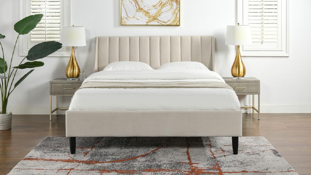 Jennifer Taylor Home Aspen Vertical Tufted Modern Headboard Platform Bed Set Queen French Beige