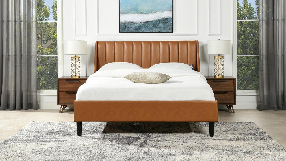 Jennifer Taylor Home Aspen Vertical Tufted Modern Headboard Platform Bed Set Queen Caramel Tan Brown