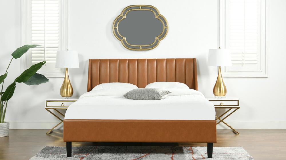 Jennifer Taylor Home Aspen Vertical Tufted Modern Headboard Platform Bed Set Queen Caramel Tan Brown
