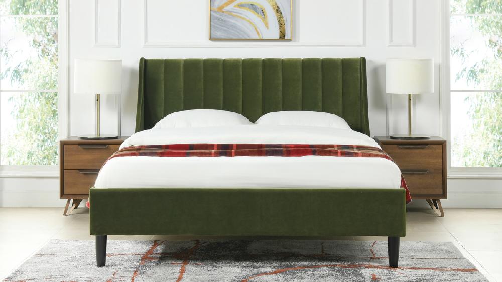 Jennifer Taylor Home Aspen Vertical Tufted Modern Headboard Platform Bed Set Queen Olive Green