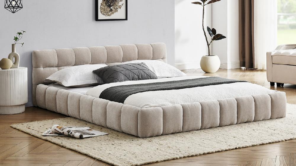 Jennifer Taylor Home Auburn Low Profile Upholstered Queen Platform Bed Chenille Beige