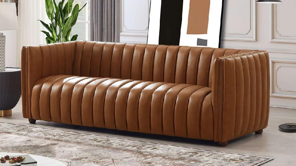 Jennifer Taylor Home Auguston 86" Channel-Tufted Genuine Leather Sofa In Cognac