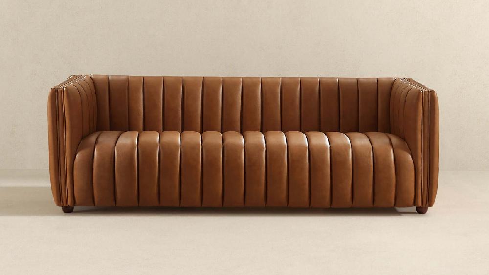 Jennifer Taylor Home Auguston 86" Channel-Tufted Genuine Leather Sofa In Cognac