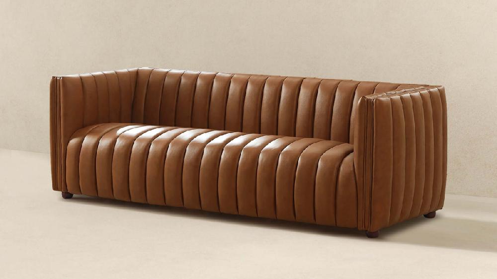 Jennifer Taylor Home Auguston 86" Channel-Tufted Genuine Leather Sofa In Cognac