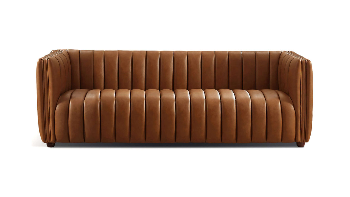 jennifer taylor home Auguston 86" Channel-Tufted Genuine Leather Sofa in Cognac