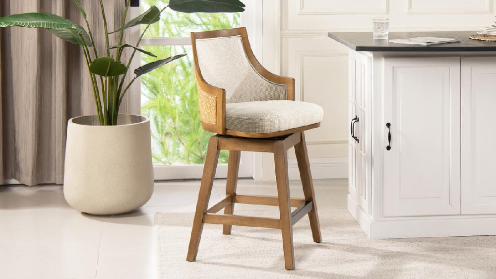 Jennifer Taylor Home Bahama 26" Cane Rattan High-Back Swivel Counter Stool With Recessed Arms Taupe Beige