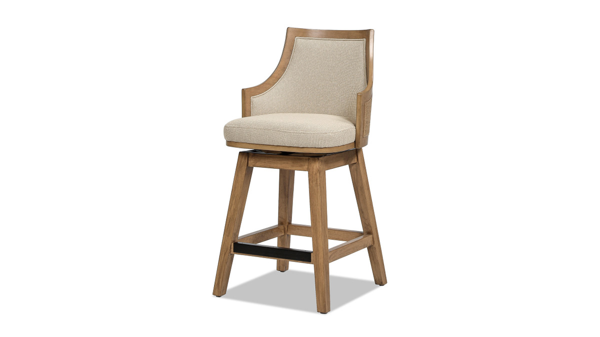 jennifer taylor home Bahama 26" Cane Rattan High-Back Swivel Counter Stool with Recessed Arms Taupe Beige