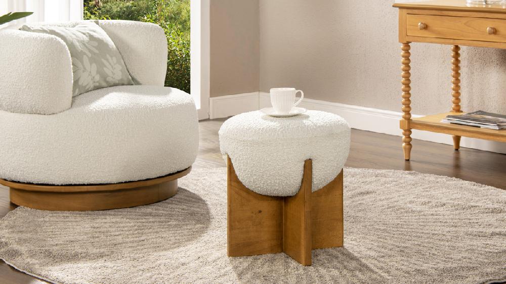 Jennifer Taylor Home Bali 18.5" Round Upholstered Ottoman With Natural Wood Base Ivory White Bouclé