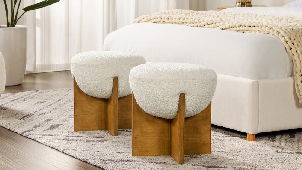 Jennifer Taylor Home Bali 18.5" Round Upholstered Ottoman With Natural Wood Base Ivory White Bouclé