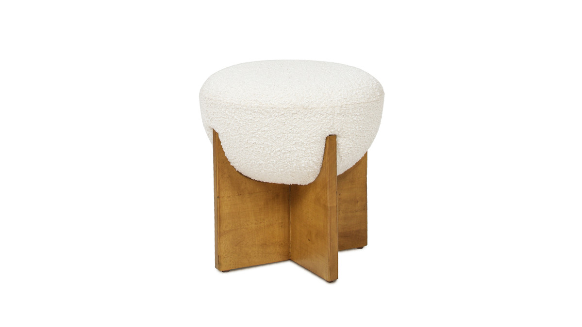 Jennifer Taylor Home Bali 18.5" Round Upholstered Ottoman With Natural Wood Base Ivory White Bouclé