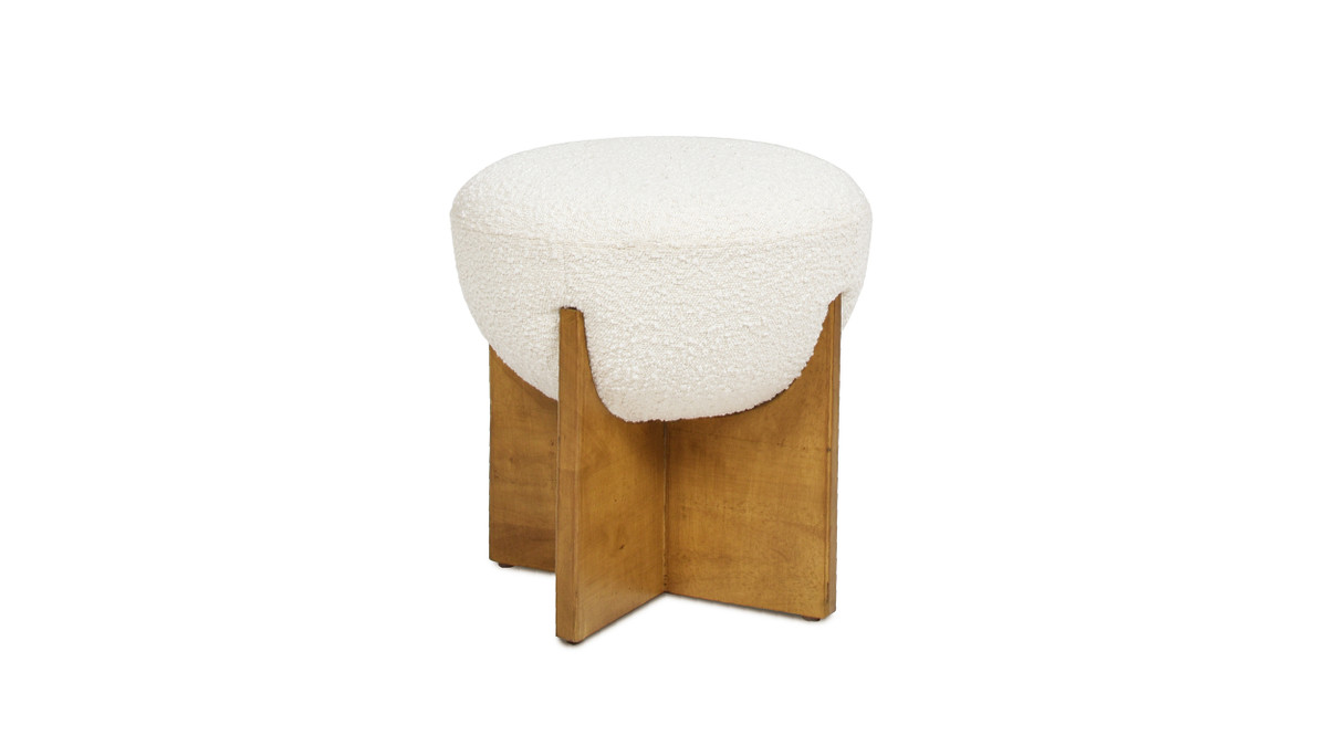 jennifer taylor home Bali 18.5" Round Upholstered Ottoman with Natural Wood Base Ivory White Bouclé