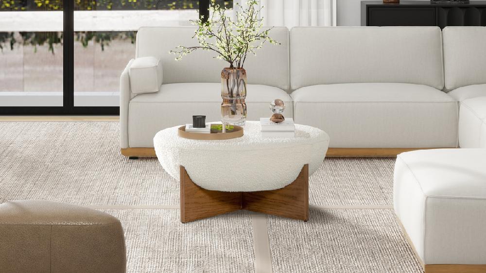 Jennifer Taylor Home Bali 37" Round Upholstered Cocktail Ottoman With Natural Wood Base Ivory White Bouclé