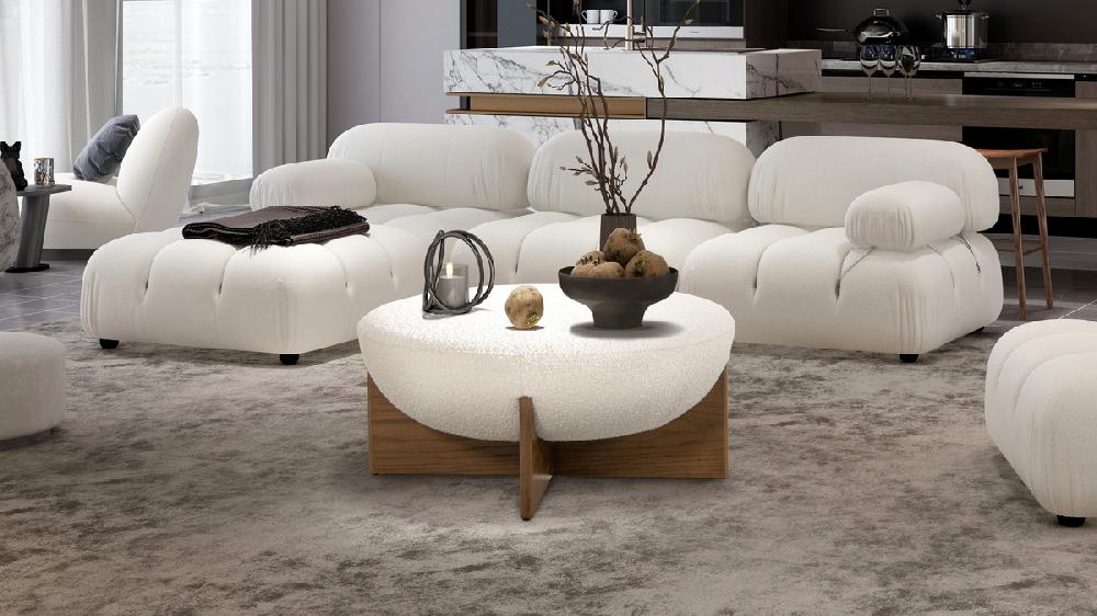 Jennifer Taylor Home Bali 37" Round Upholstered Cocktail Ottoman With Natural Wood Base Ivory White Bouclé