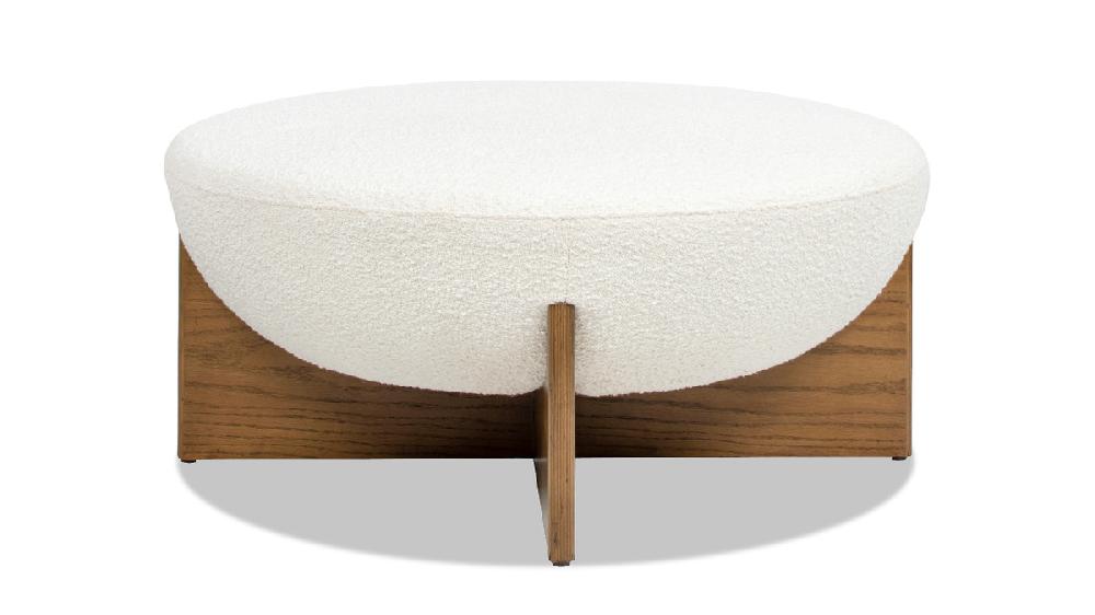 Jennifer Taylor Home Bali 37" Round Upholstered Cocktail Ottoman With Natural Wood Base Ivory White Bouclé