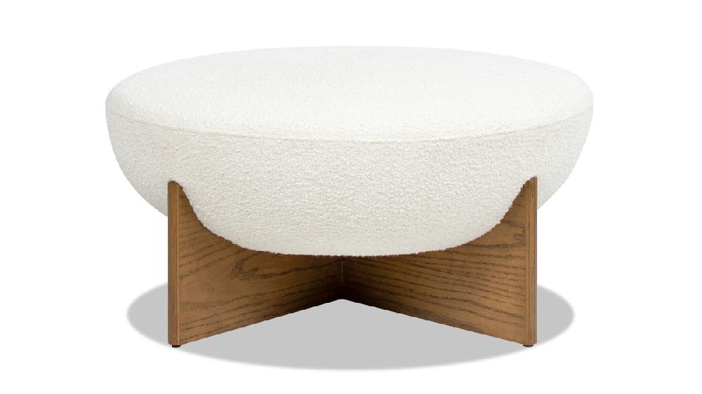 jennifer taylor home Bali 37" Round Upholstered Cocktail Ottoman with Natural Wood Base Ivory White Bouclé