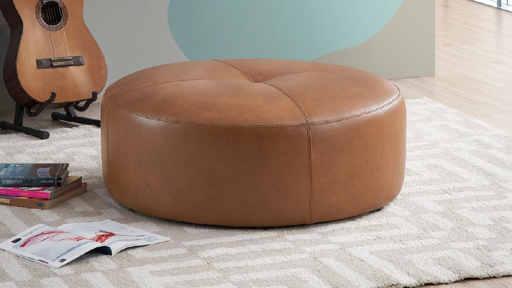 Jennifer Taylor Home Barron 36" Genuine Leather Round Cocktail Ottoman In Tan