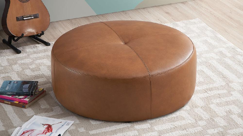 Jennifer Taylor Home Barron 36" Genuine Leather Round Cocktail Ottoman In Tan