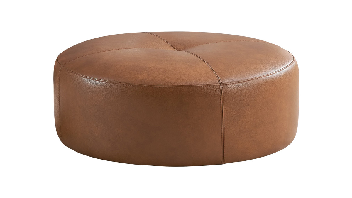 jennifer taylor home Barron 36" Genuine Leather Round Cocktail Ottoman in Tan