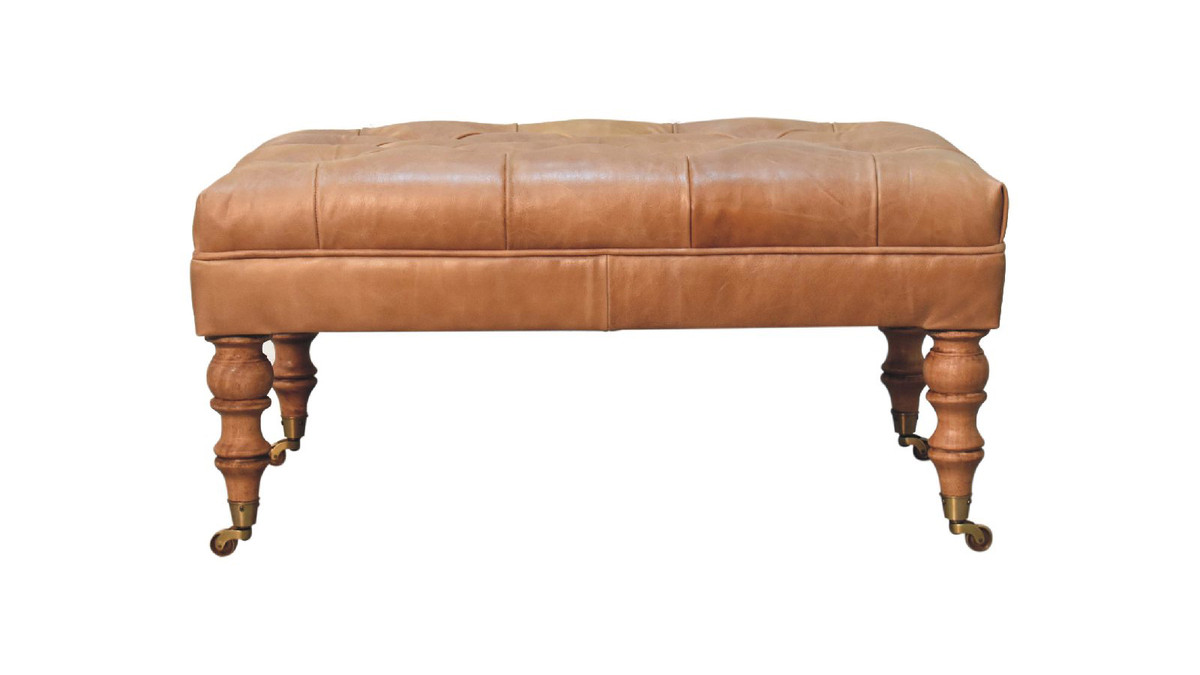 Jennifer Taylor Home Beaumont 35.4" Tufted Leather Ottoman With Turned Wood Legs And Casters Tan Buffalo Leather
