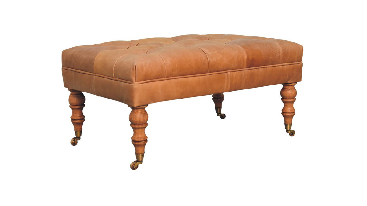 Jennifer Taylor Home Beaumont 35.4" Tufted Leather Ottoman With Turned Wood Legs And Casters Tan Buffalo Leather