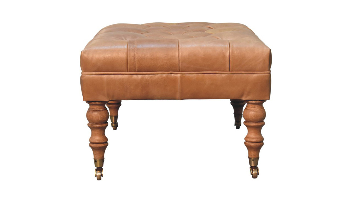 Jennifer Taylor Home Beaumont 35.4" Tufted Leather Ottoman With Turned Wood Legs And Casters Tan Buffalo Leather