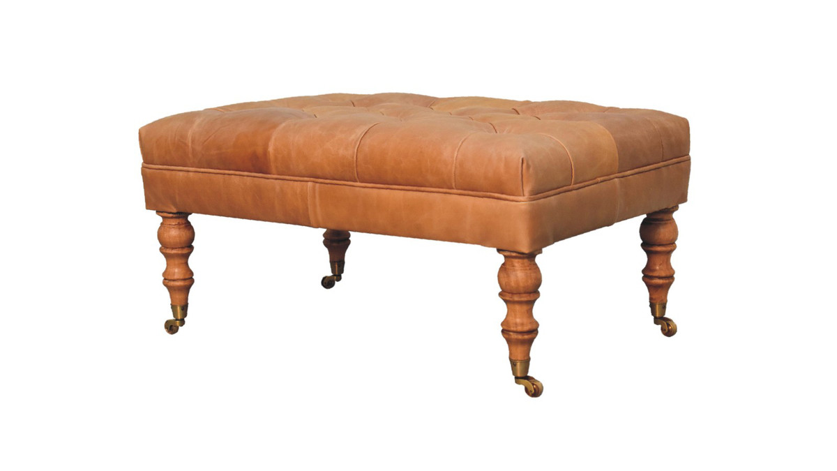 jennifer taylor home Beaumont 35.4" Tufted Leather Ottoman with Turned Wood Legs and Casters Tan Buffalo Leather