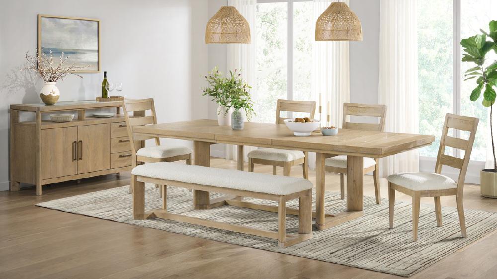 Jennifer Taylor Home Bennett 80"-104" Solid Wood Trestle Dining Table With Extension Leaf Beige Finish