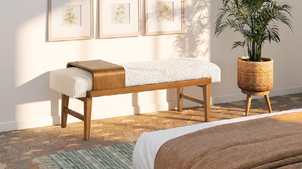 Jennifer Taylor Home Billie 52" Modern Telephone Bench With Sliding Shelf Ivory White Bouclé