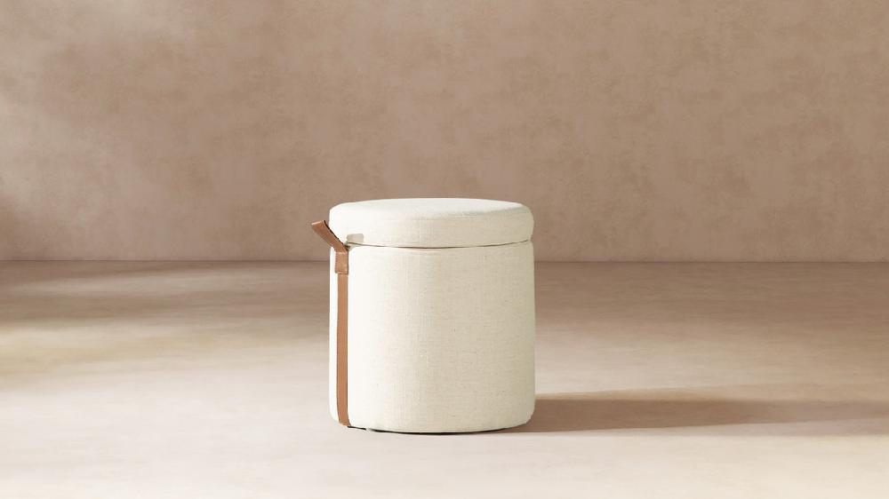 Jennifer Taylor Home Brandy 14" Round Upholstered Storage Ottoman With Leather Accent Flax White