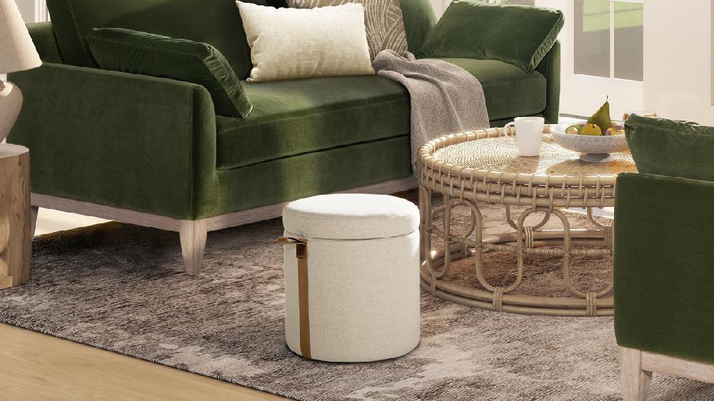 Jennifer Taylor Home Brandy 14" Round Upholstered Storage Ottoman With Leather Accent Flax White